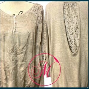 M Made In Italy Tan Oversized Bubble Lace and Fine Knit Top (S/M)